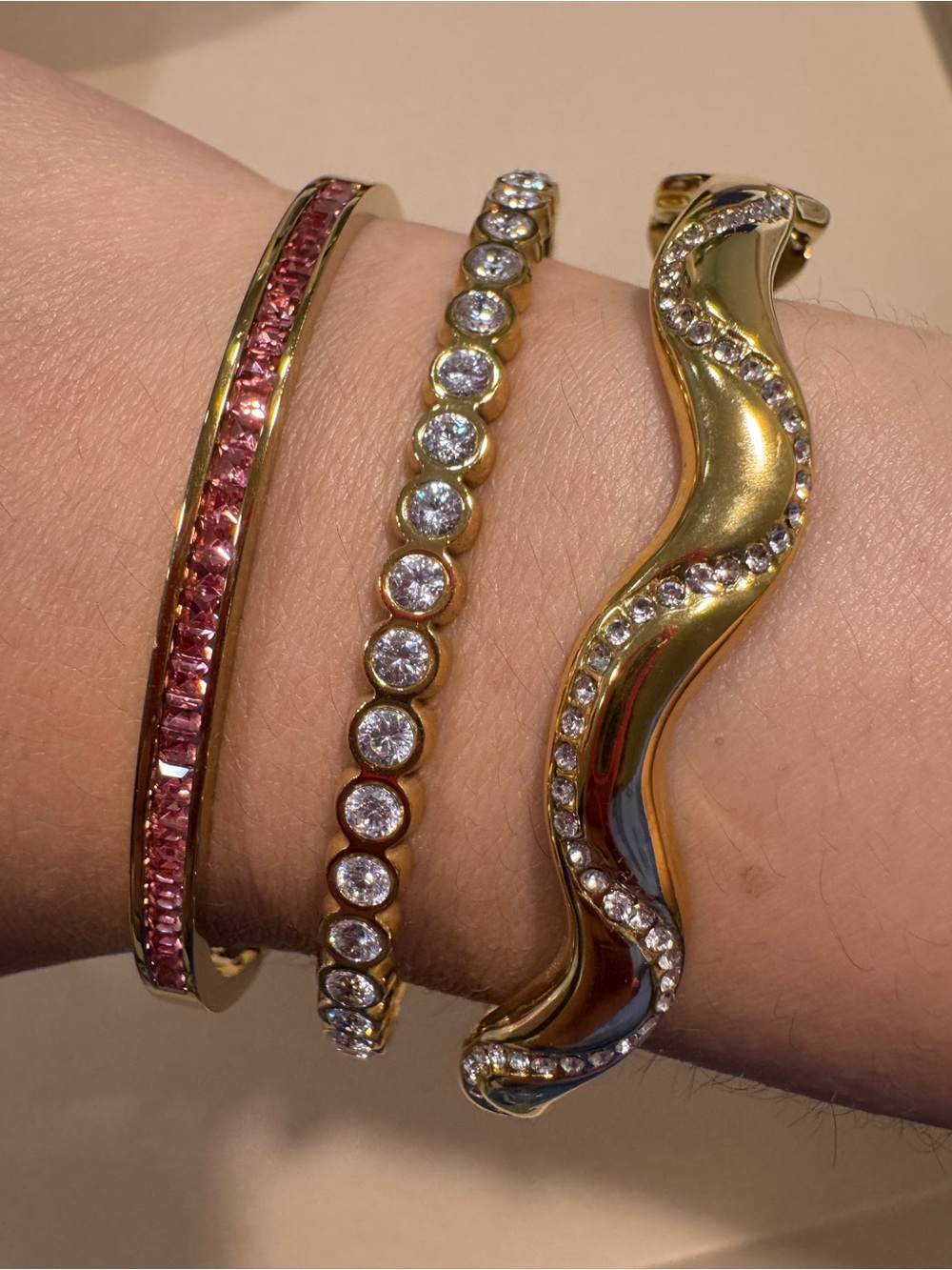 Set of 3 Gold Stainless Steel Bangles with Pink and White Stones Sz 6-7”